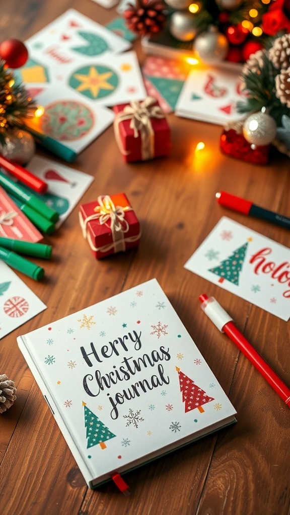 A decorated Christmas card journal with holiday cards and markers on a wooden table.